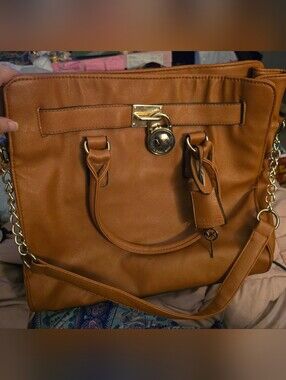 Michael Kors Cognac Leather Tote with Gold Hardware Lock And Key